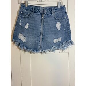 Garage Denim Mini Skirt Frayed Hem Ripped Distressed Light Wash Women's